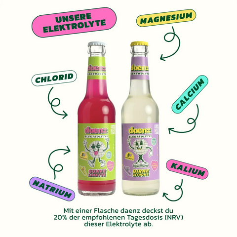 daenz Elektrolyte-Brause: Erfrischt nach Anstrengung, bekämpft Erschöpfung mit Natrium, Kalium, Magnesium und Chlorid.